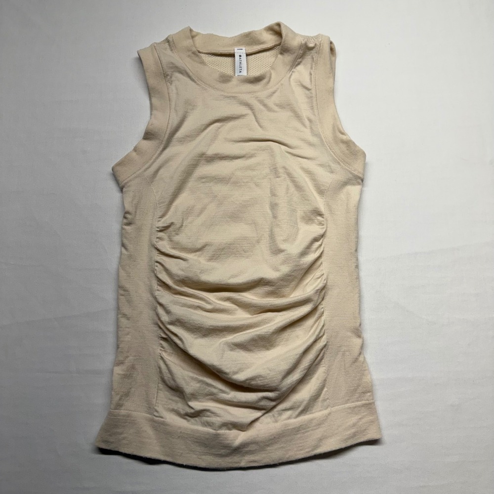 Athleta Foresthill Ascent Tank XS Ruched Side Mesh Back Beige Active Top